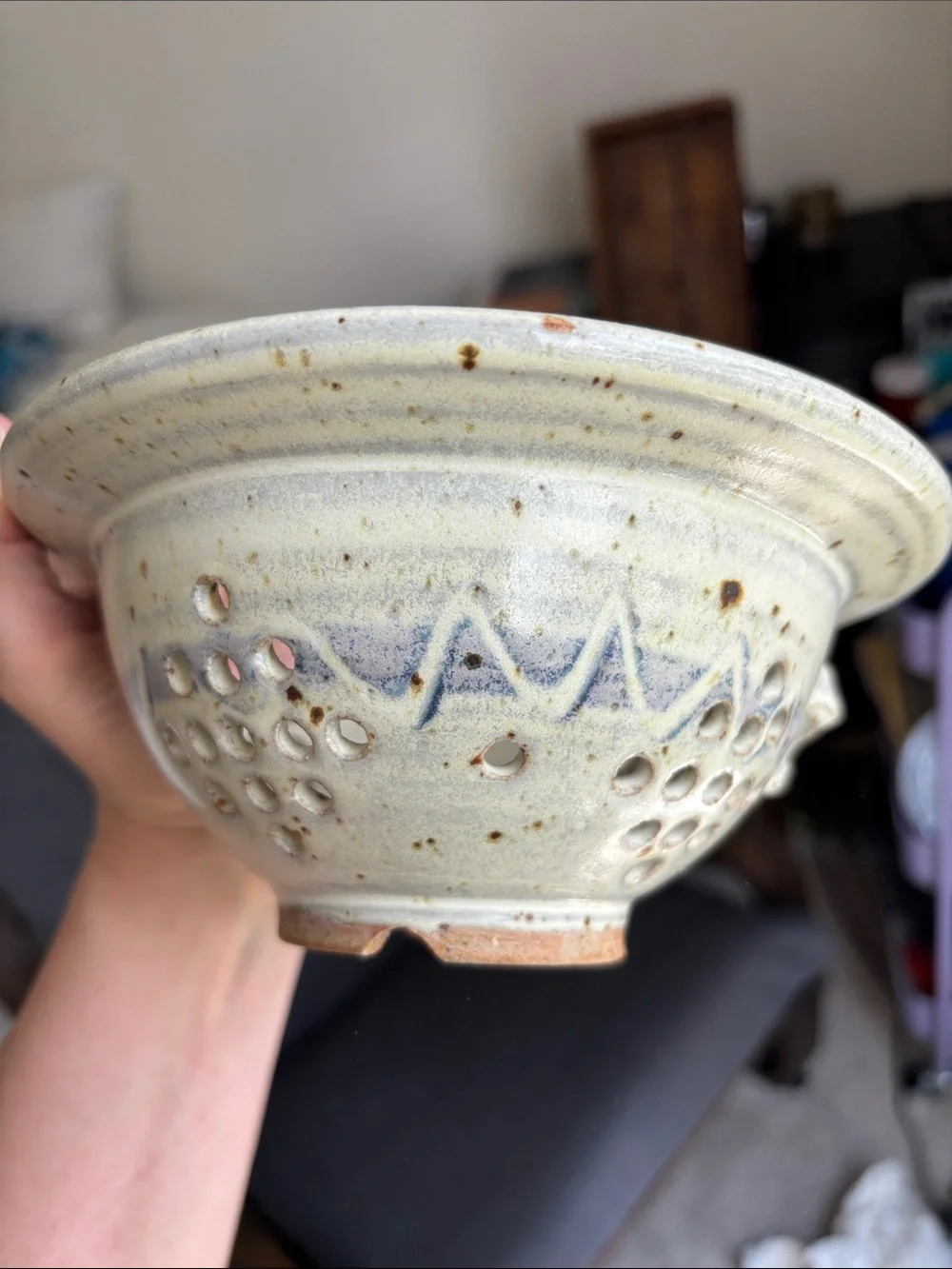 Handmade Ceramic Berry Bowl - Light Cream with Blue Accents